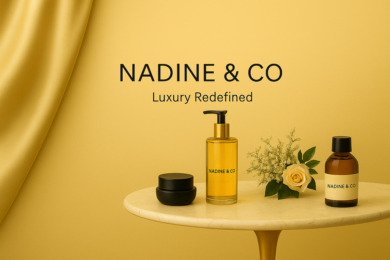 NADINE & CO skincare products on a marble table with a yellow curtain background